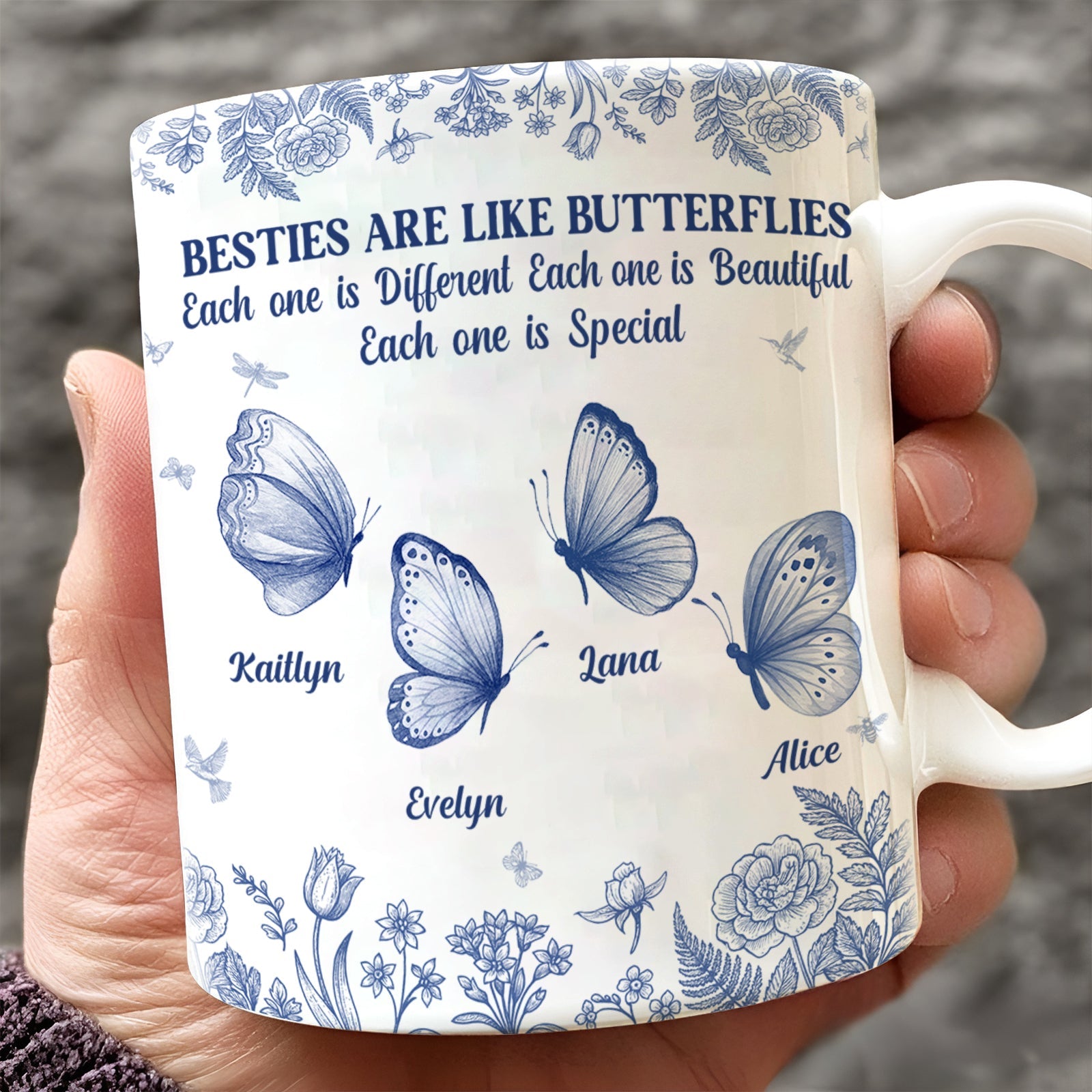 365Gifty blue and white ceramic mug with butterfly design and names personalized gift for friends and sisters