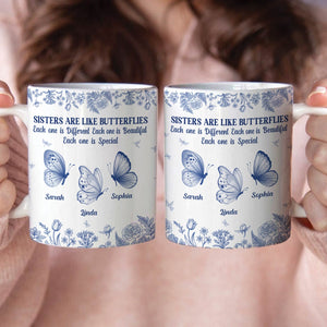 365Gifty ceramic mug set with blue butterfly floral design and names Sarah Linda Sophia personalized gift for friends and sisters