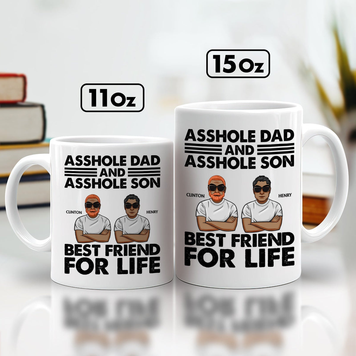 White 11oz and 15oz ceramic mugs with cartoon dad and son design asshole dad and son gift