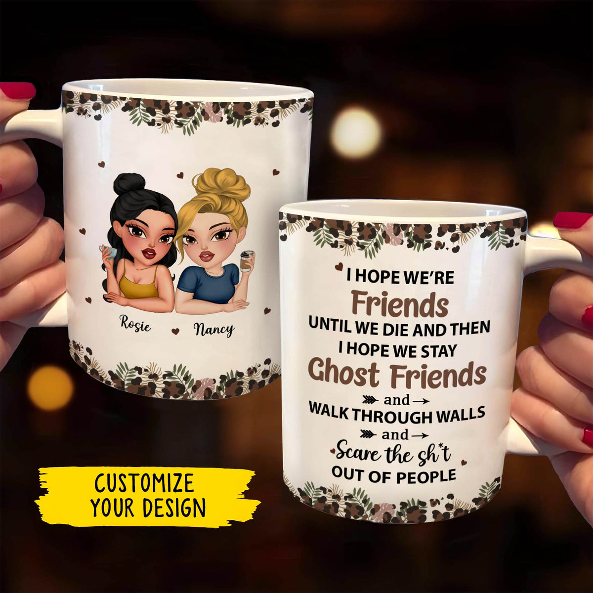 White ceramic mug set with floral trim and two cartoon besties named Rosie and Nancy custom bestie coffee cup gift