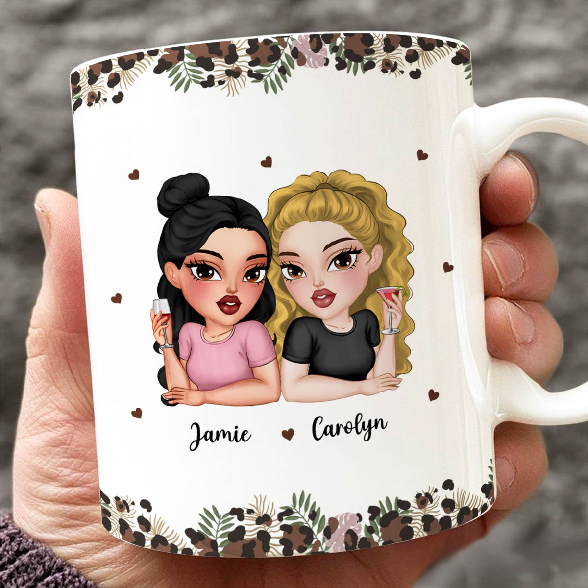custom bestie coffee cup gift White mug with two cartoon besties holding drinks names Jamie and Carolyn floral border
