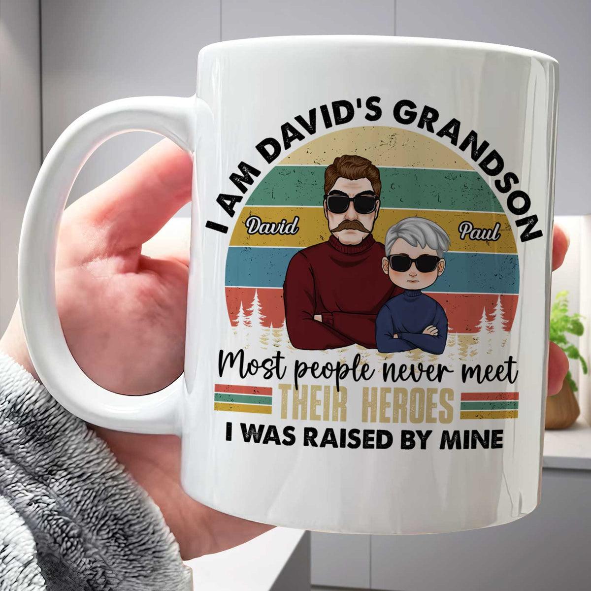 White mug with retro sunset art of grandfather and grandson with names David Paul custom family quote mug gift
