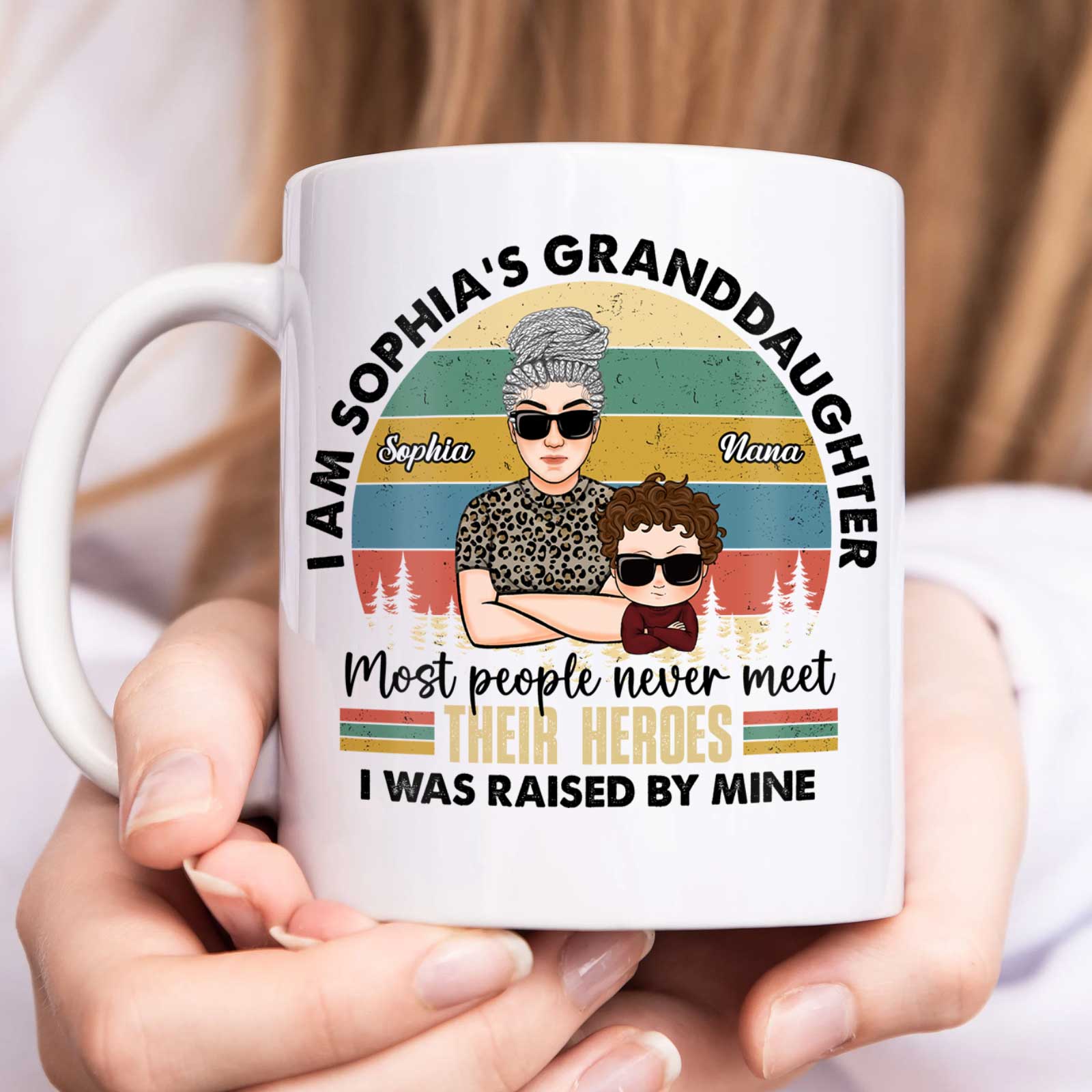 White I am Sophias granddaughter mug with retro Nana and grandchild illustration and custom family quote mug gift