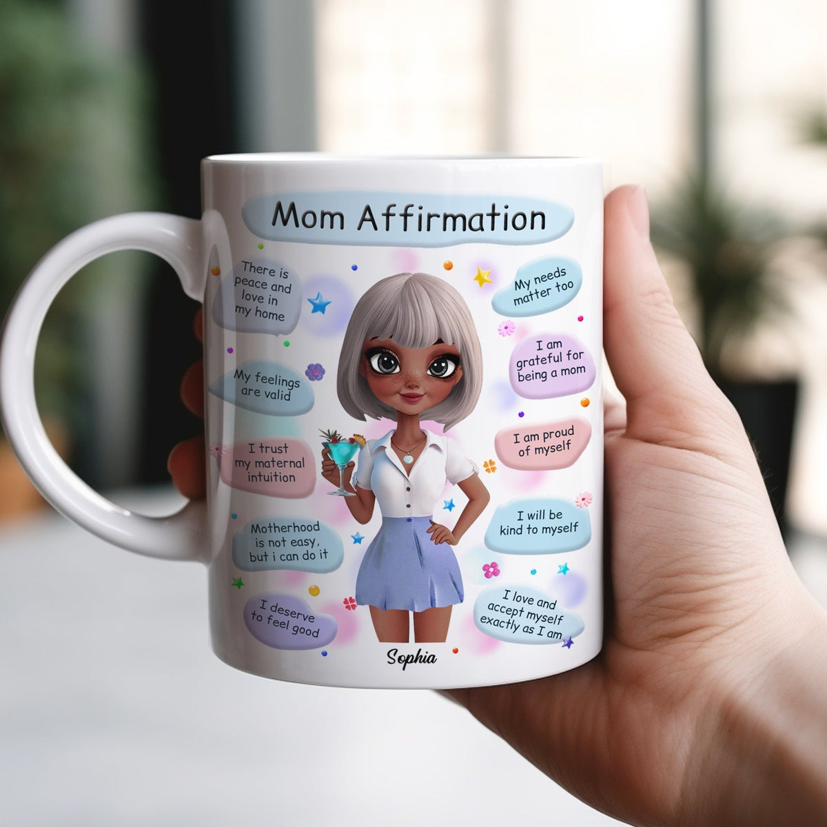 White ceramic mug with Mom Affirmation cartoon mom and affirmations personalized Sophia custom gifts for mom birthday