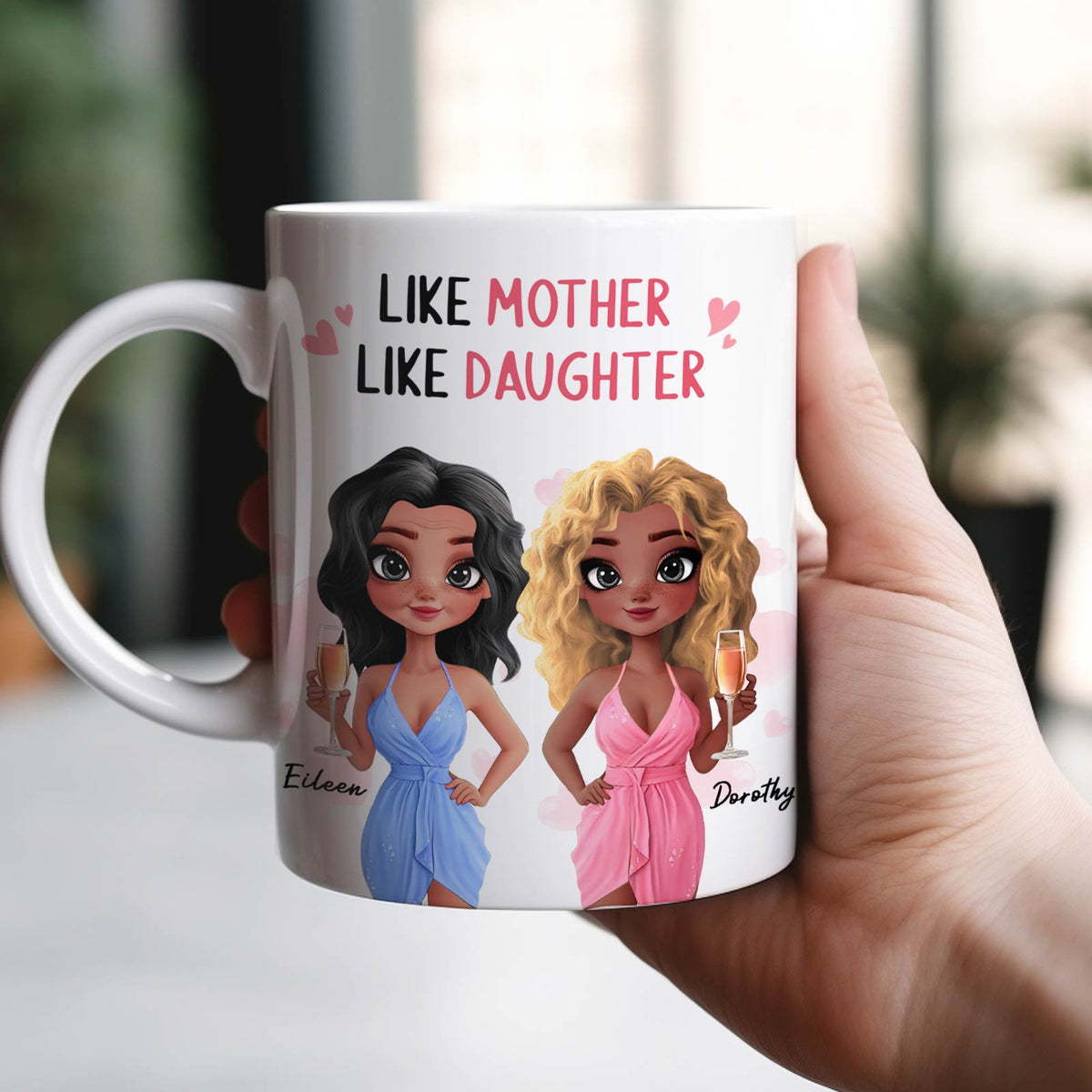 365Gifty custom like mother like daughter mug with two illustrated women in blue and pink dresses holding champagne glasses