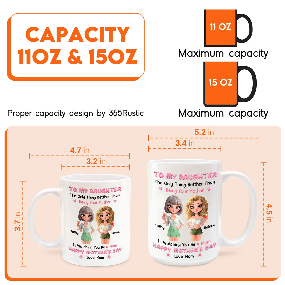 365Gifty custom mothers day mug gift white 11 oz and 15 oz daughter design with names and dimensions