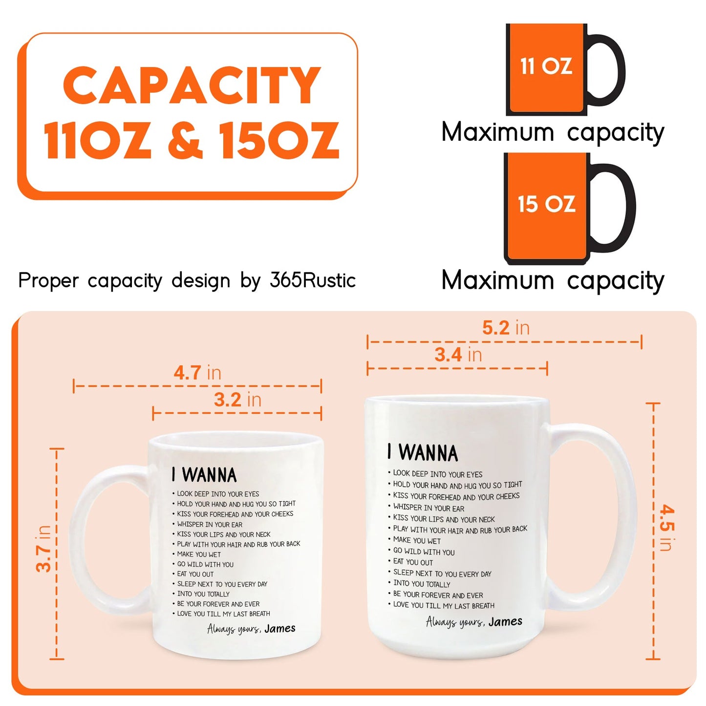 custom romantic mug for couples white ceramic 11oz and 15oz sizes with I WANNA poem and personalized name