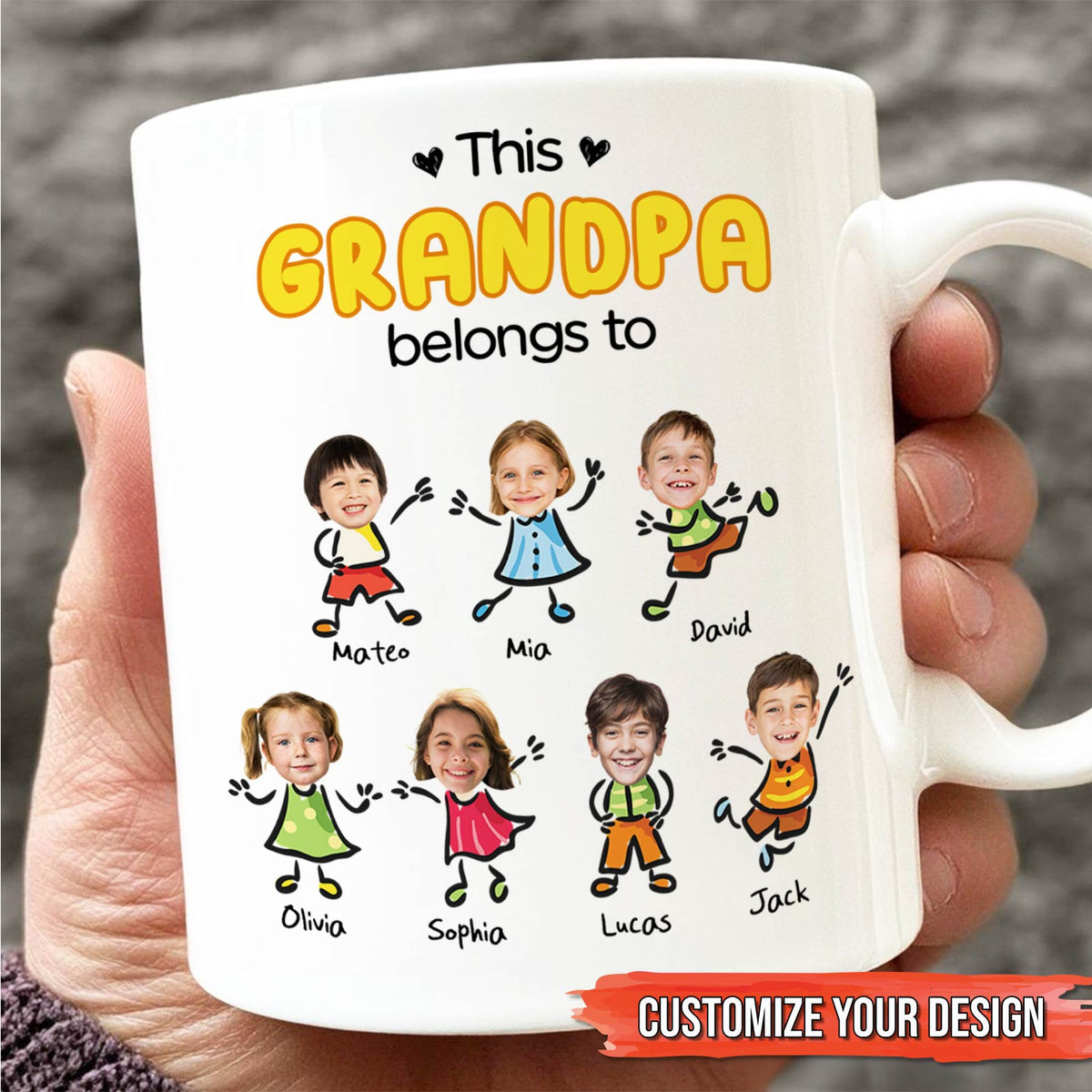 Customizable white mug with cartoon family photos and names saying This Grandpa belongs to family mug for grandma