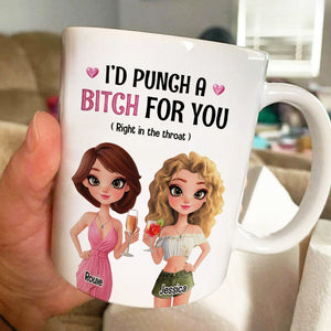365Gifty white mug featuring two cartoon friends Rouie and Jessica with quote I would punch a bitch for you funny besties gift mug