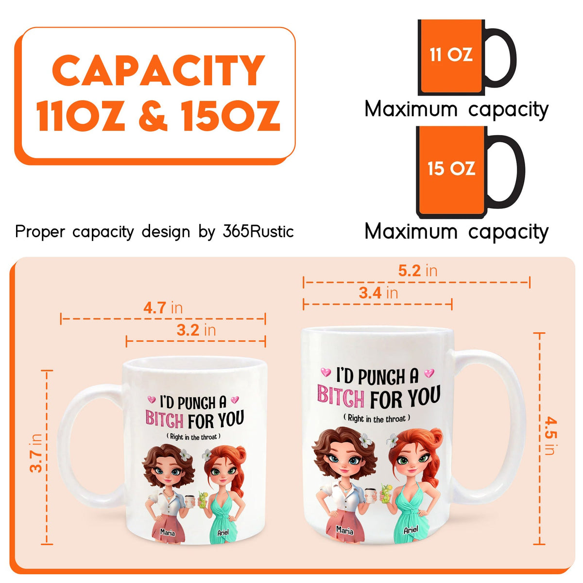365Gifty funny besties gift mug showing 11oz and 15oz white ceramic mugs with cartoon best friends design and dimensions