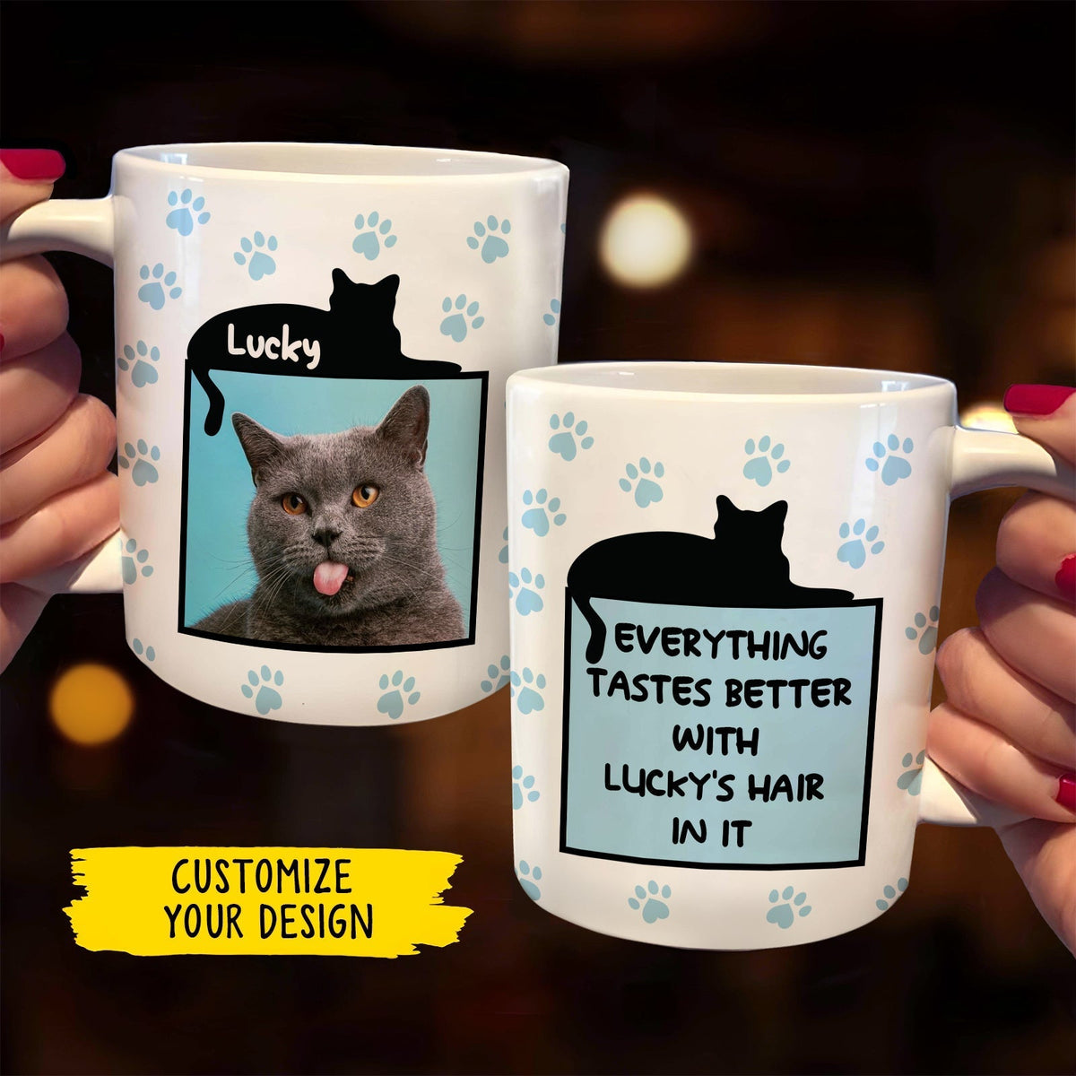 365Gifty customizable white photo coffee mugs with paw prints cat silhouette and photo funny personalized mugs for cat lovers