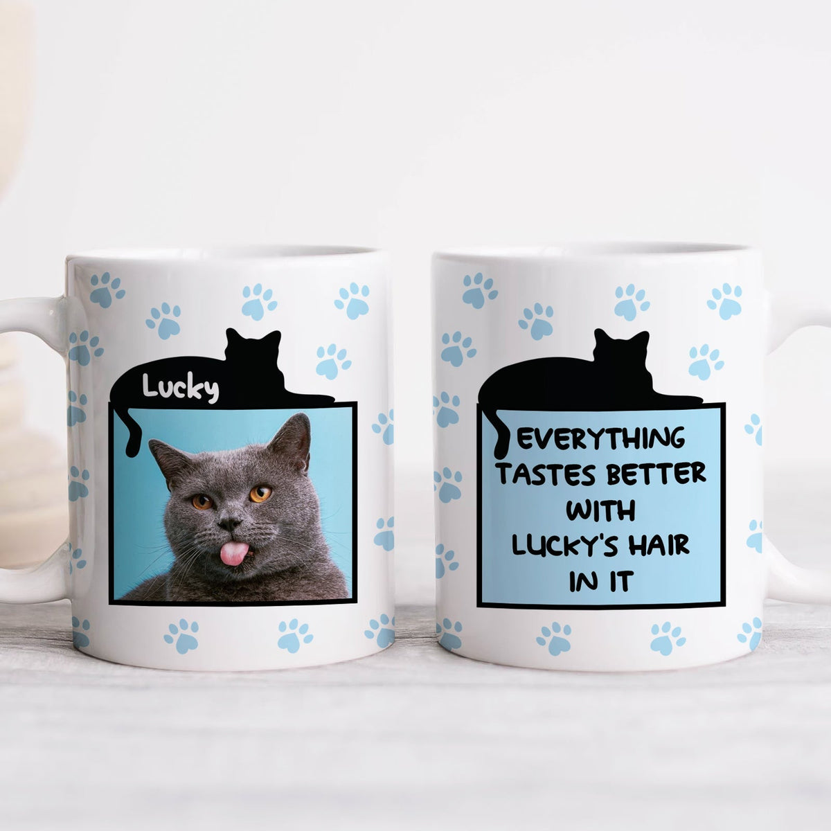 365Gifty white mugs with blue paw prints gray cat photo and Luckys hair quote funny personalized mugs for cat lovers