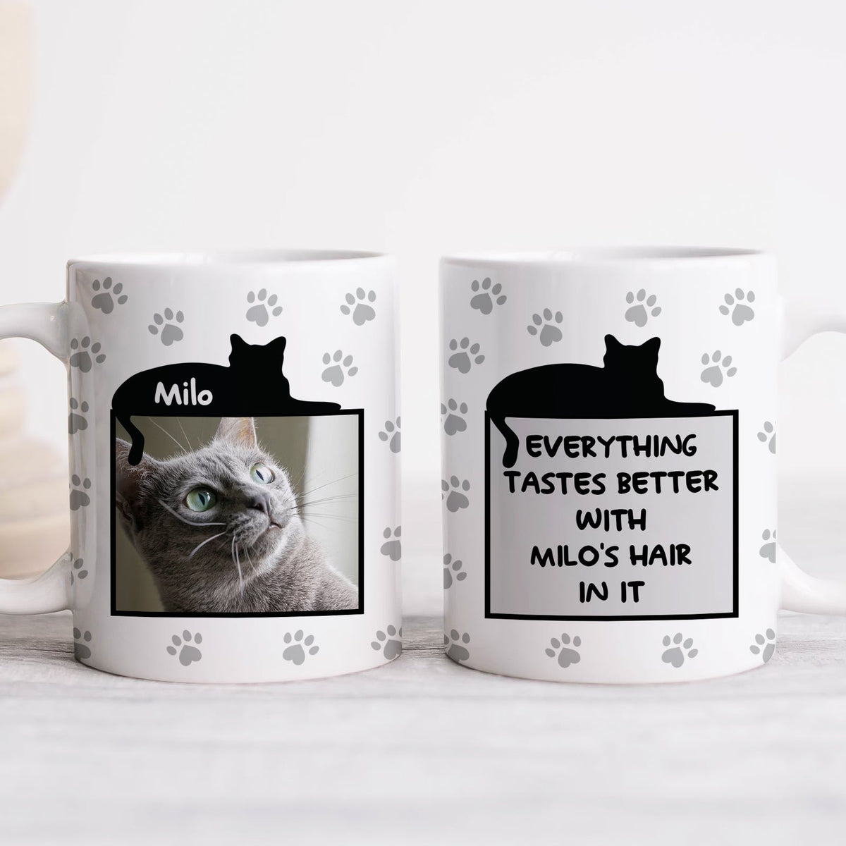 365Gifty funny personalized mugs for cat lovers white mugs with paw prints photo of gray cat Milo and humorous hair quote