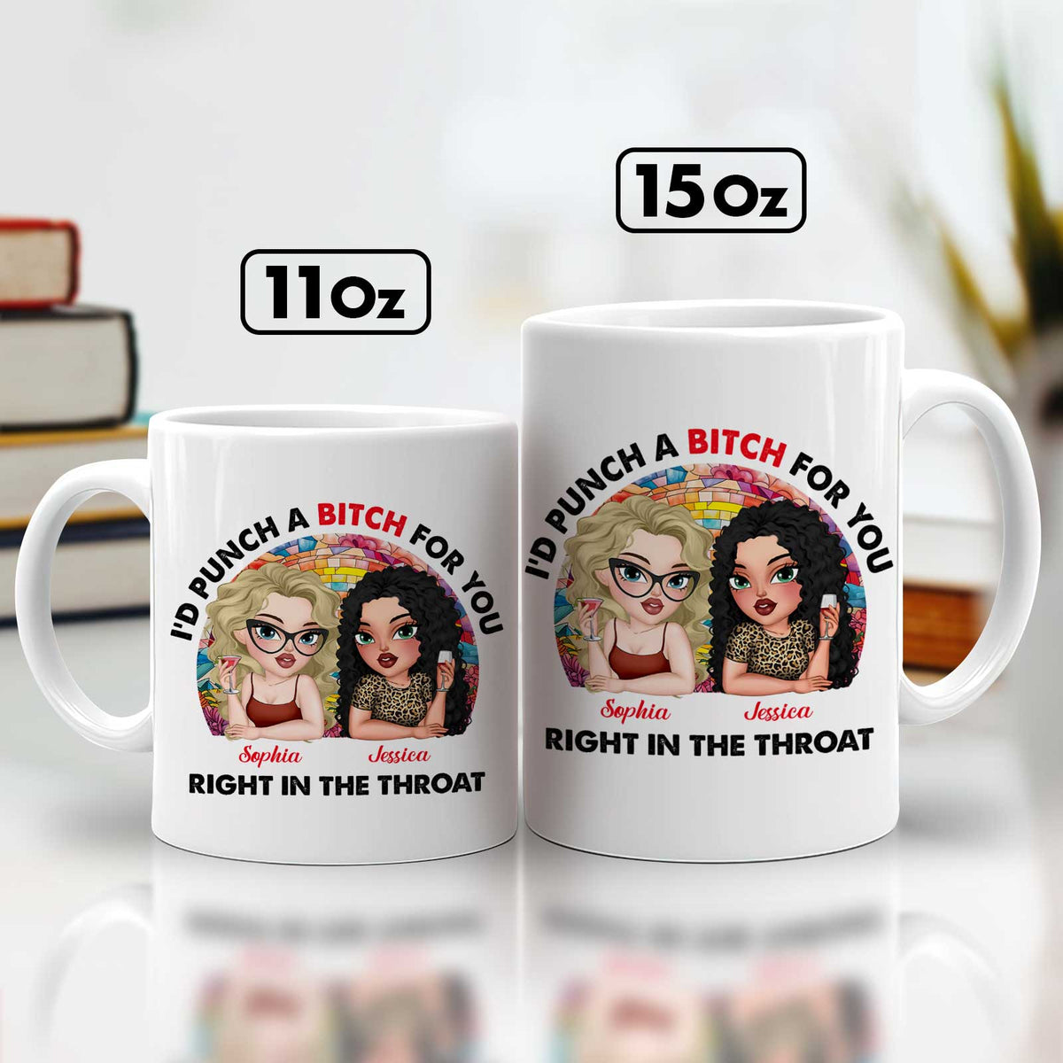 personalized best friend mug set 11oz and 15oz white ceramic mugs with two cartoon friends and cheeky punch text