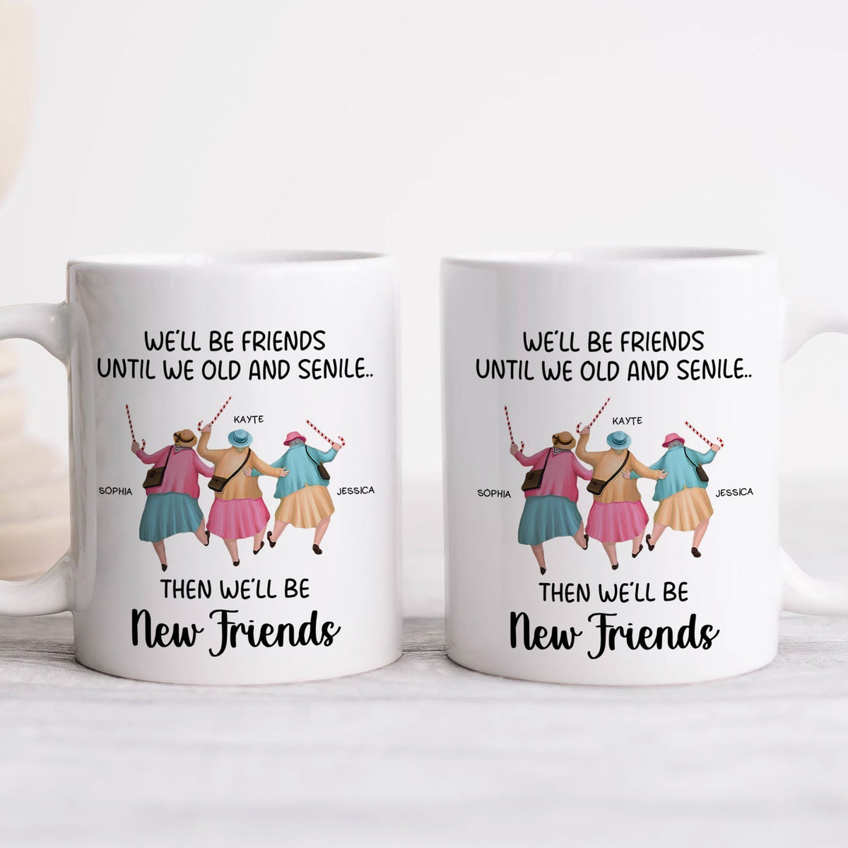 365Gifty personalized best friends mug set showing two white mugs with illustrated women and names new friends