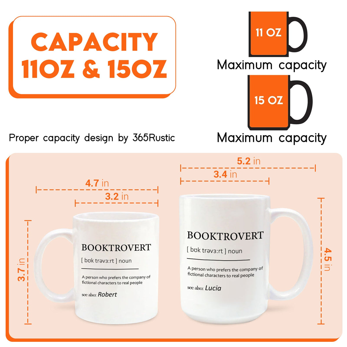 personalized booktrovert mug 11 oz and 15 oz white ceramic mugs with BOOKTROVERT definition and example names