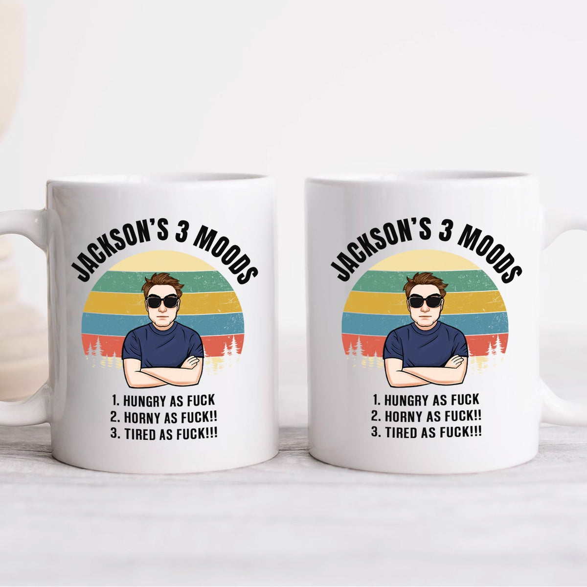 Set of two personalized coworker mug featuring Jacksons 3 Moods retro cartoon with explicit mood list