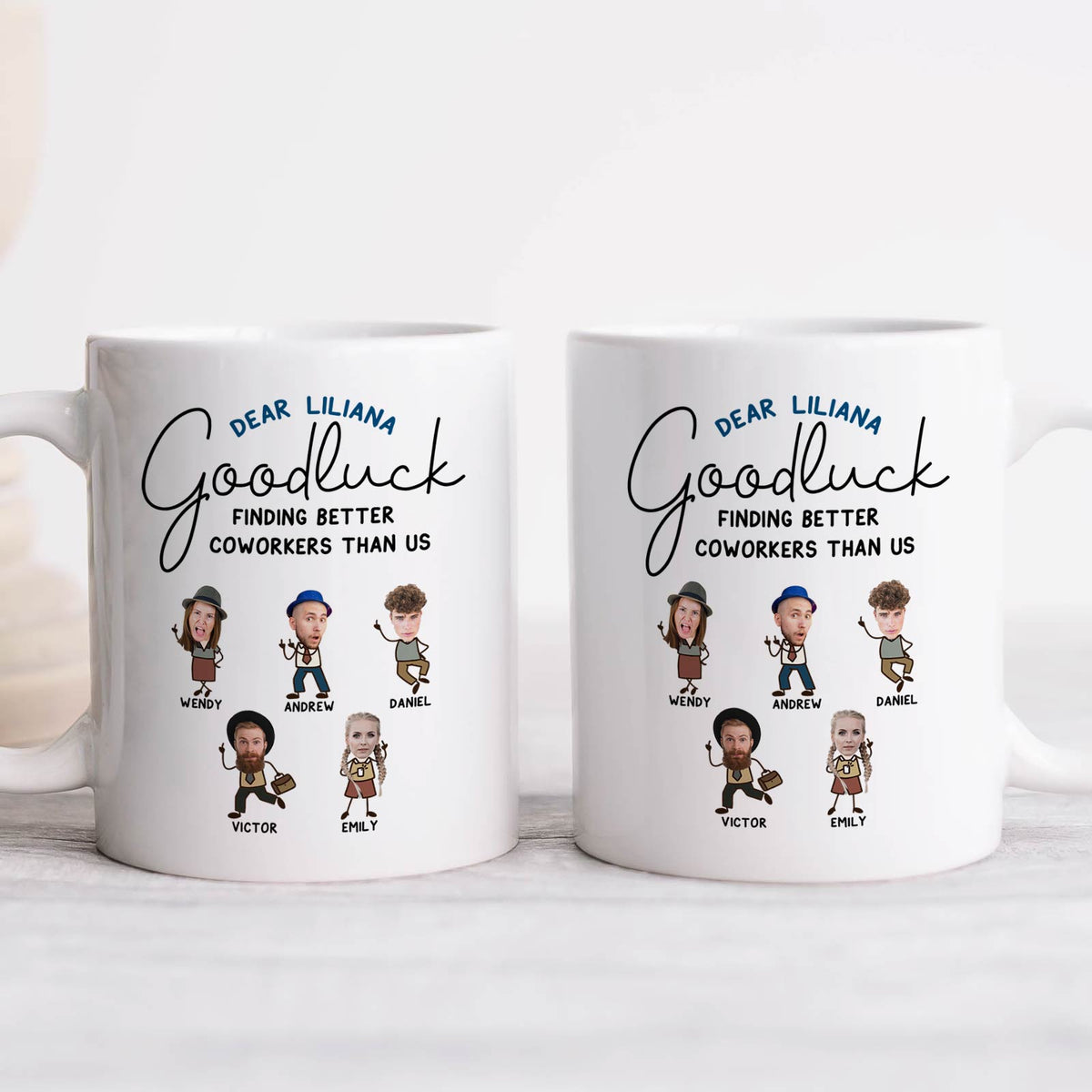 365Gifty personalized coworker mug set showing two white ceramic mugs with caricature avatars and names and Goodluck message