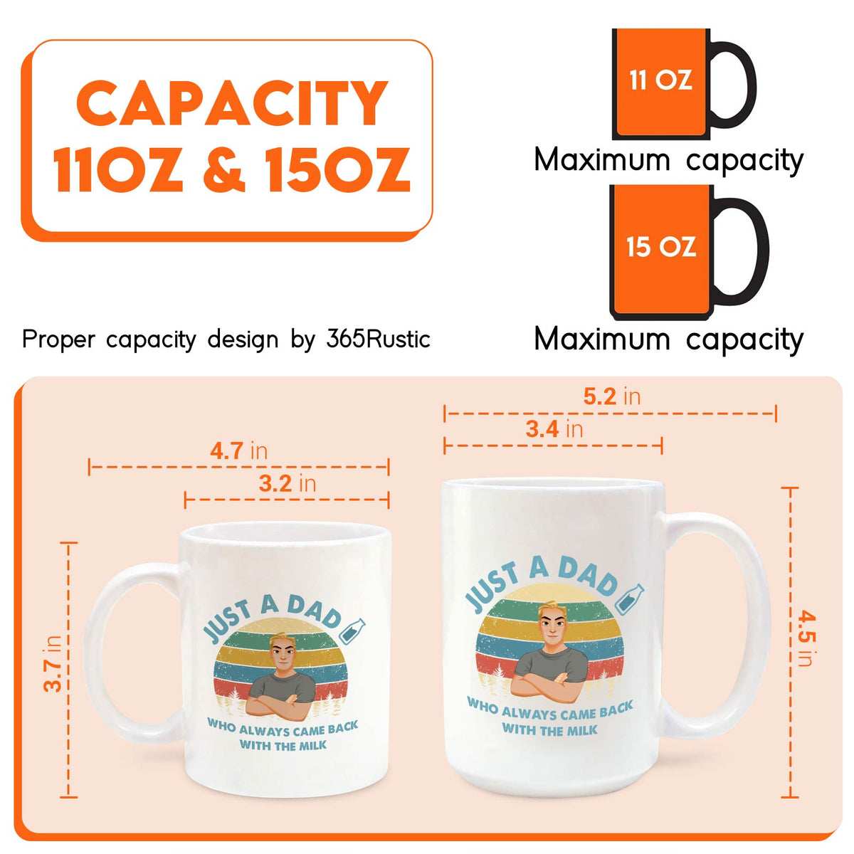 Personalized dad mug 11oz and 15oz white ceramic showing Just a Dad cartoon and vintage stripes