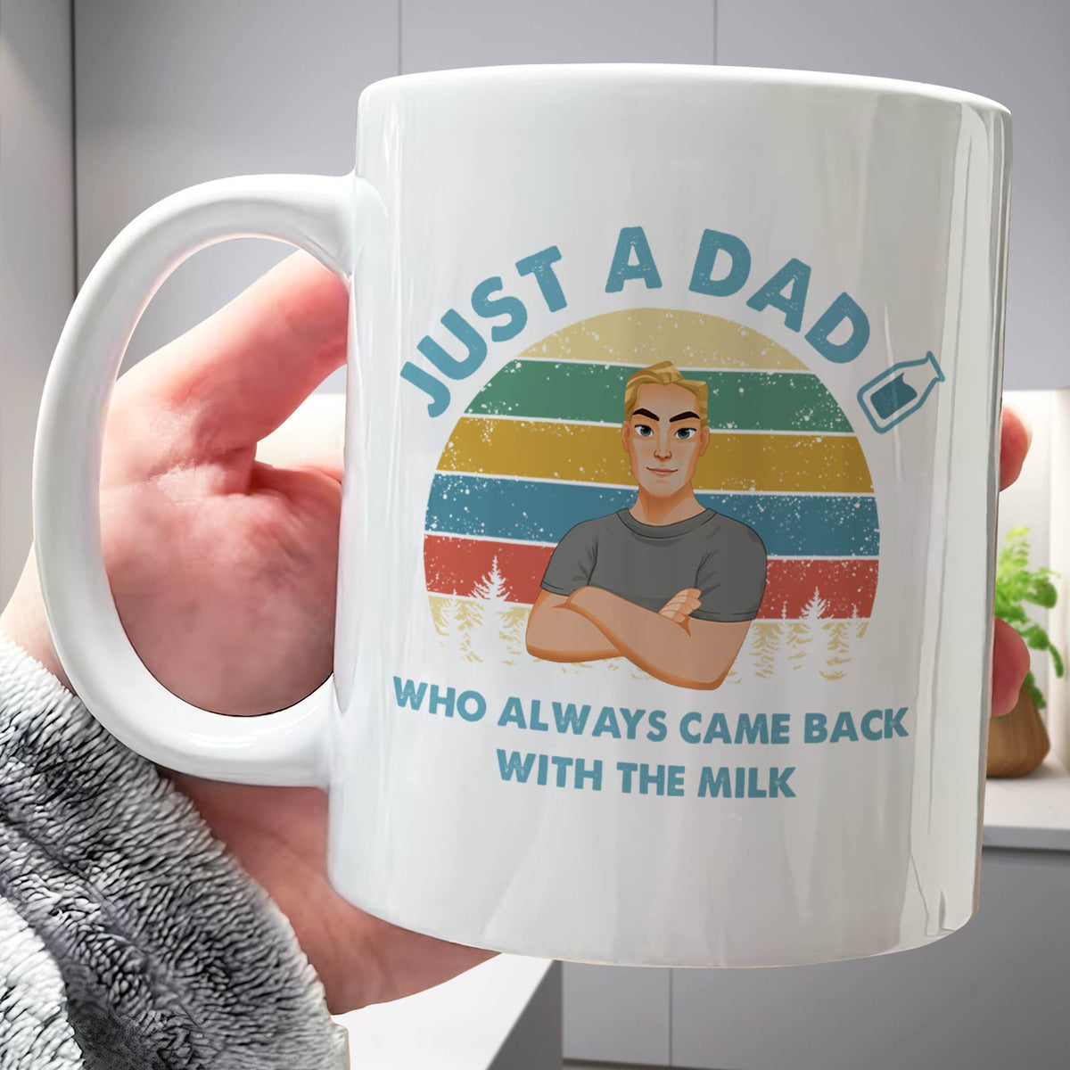 365Gifty personalized dad mug white ceramic featuring cartoon dad retro sunset stripes and milk slogan gift for dads