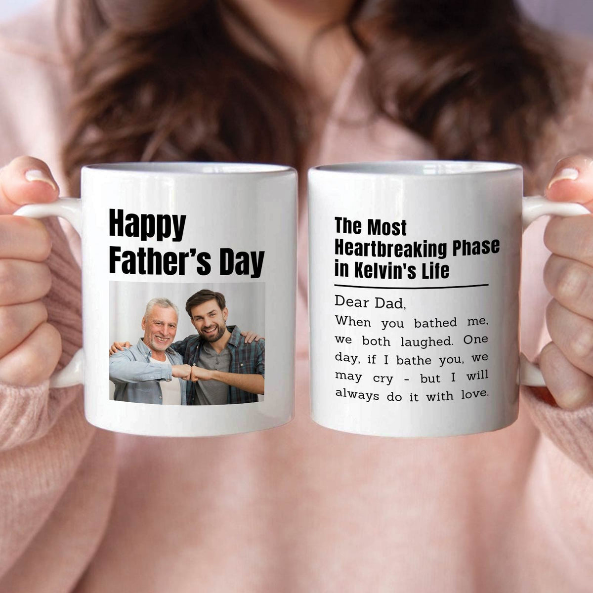 Woman holding two white mugs including personalized father memorial mug with photo and heartfelt printed message for dad