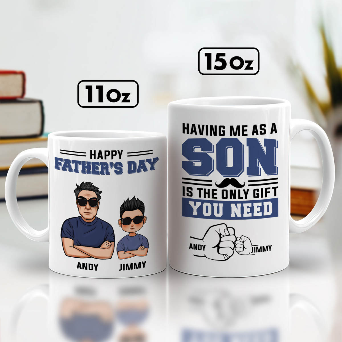 personalized Father's Day mug set two white mugs 11oz and 15oz with cartoon dad and son named Andy and Jimmy
