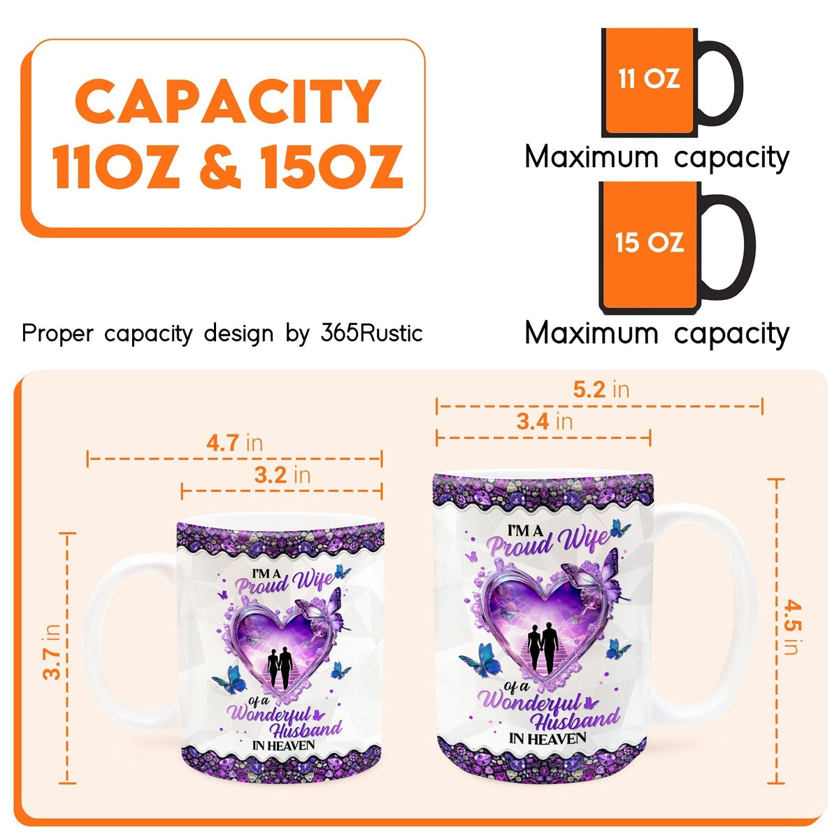 personalized memorial mug for wife showing two white 11 oz and 15 oz purple heart design mugs with size measurements