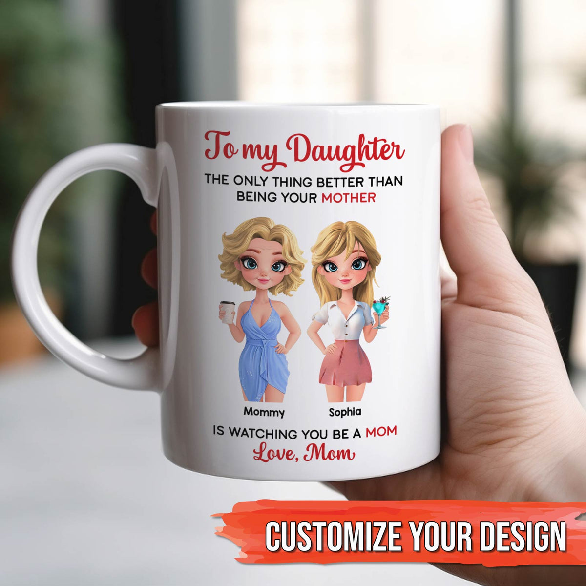 365Gifty personalized mother daughter mug white ceramic showing cartoon mom and daughter with heartfelt message