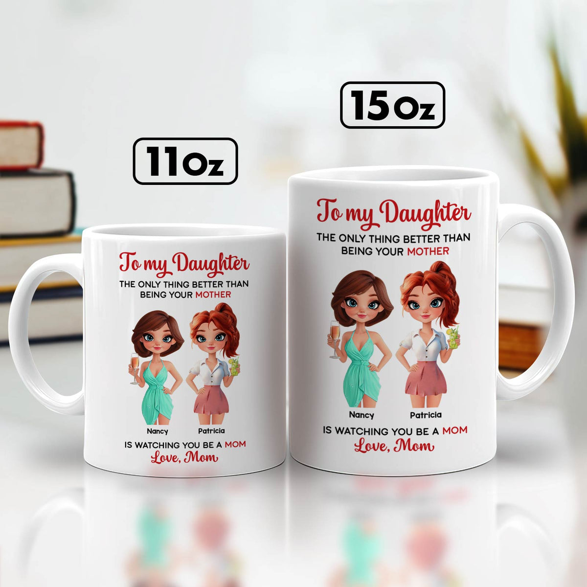 365Gifty personalized mother daughter mug set two white mugs 11oz and 15oz with cartoon mom and daughter and message