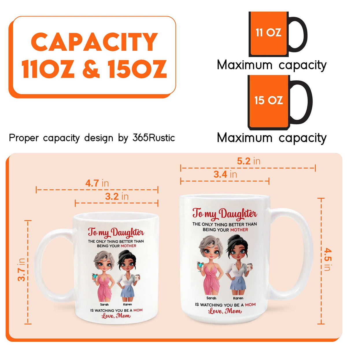 365Gifty personalized mother daughter mug showing 11 oz and 15 oz white mugs with mom and daughter illustration and To my Daughter