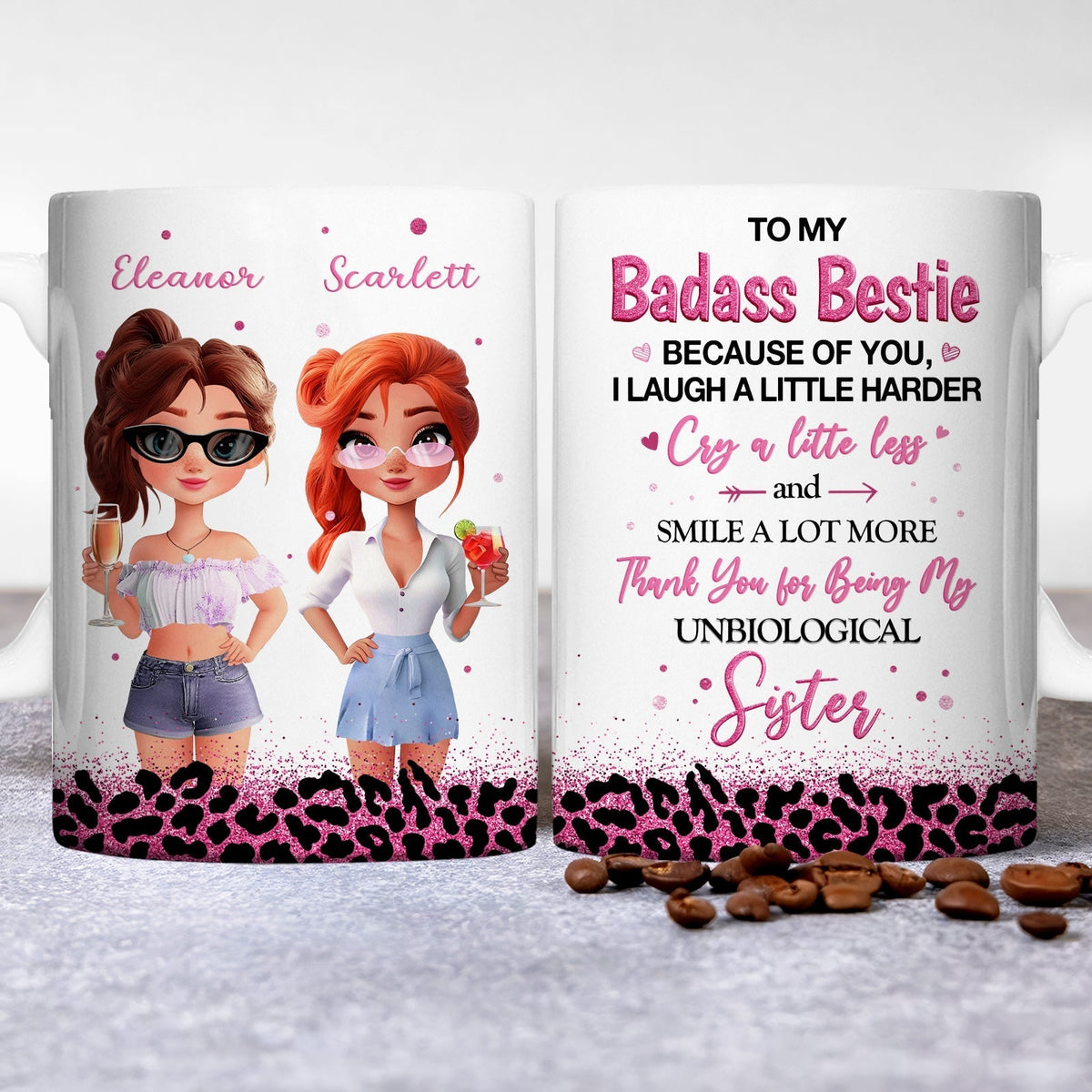 personalized mug for best friends with two cartoon women Eleanor and Scarlett and Badass Bestie message