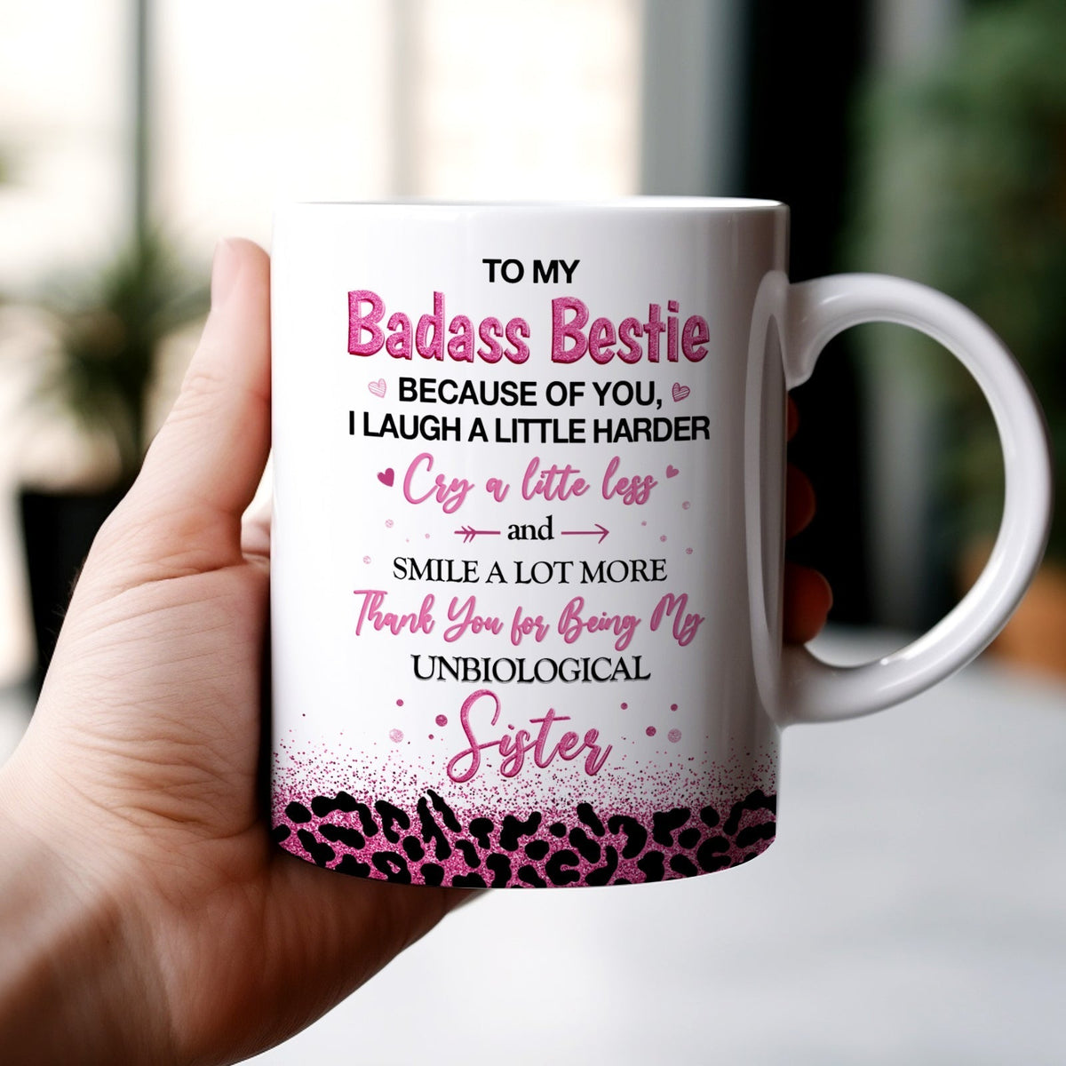 White ceramic personalized mug for best friends with pink Badass Bestie text and leopard print base