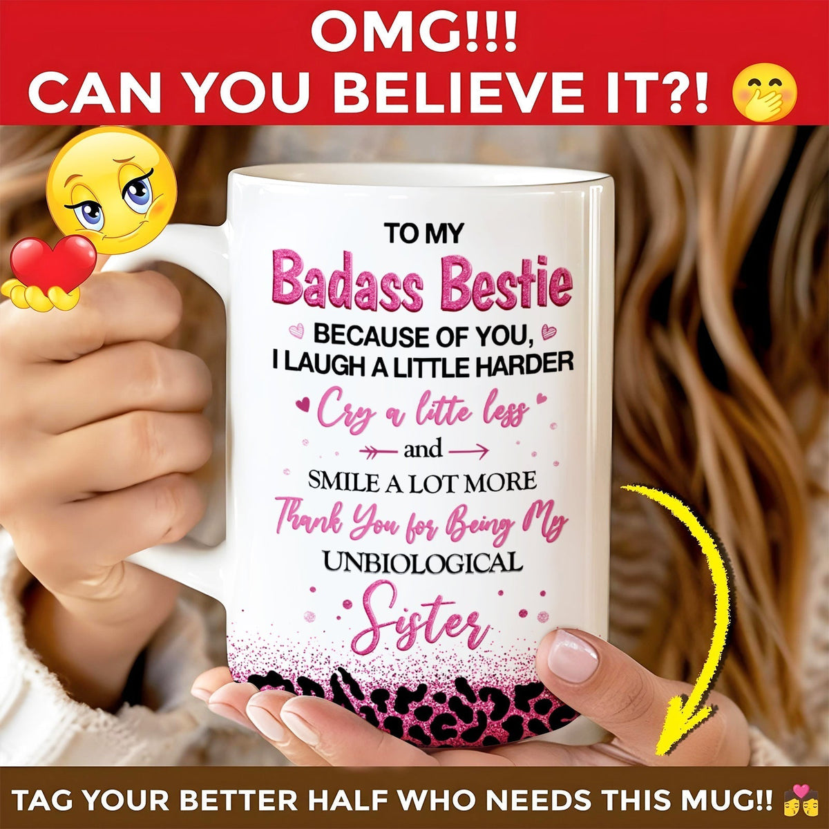 365Gifty white ceramic mug with pink Badass Bestie design and leopard trim gift personalized mug for best friends