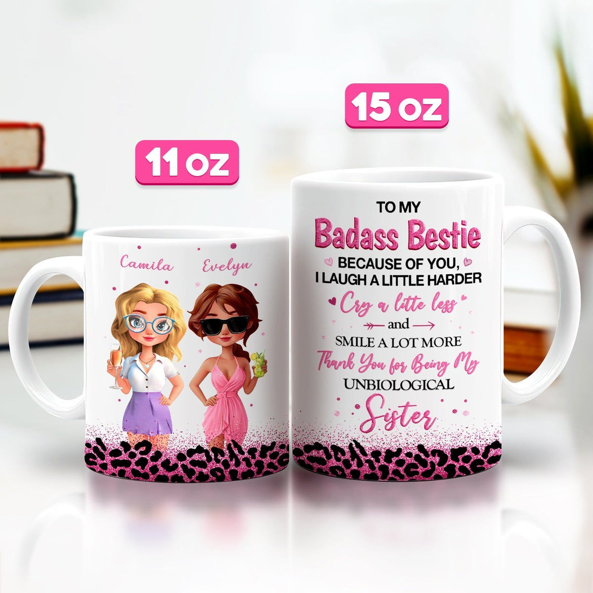 365Gifty white 11oz and 15oz personalized mug for best friends with pink leopard print base and cartoon besties
