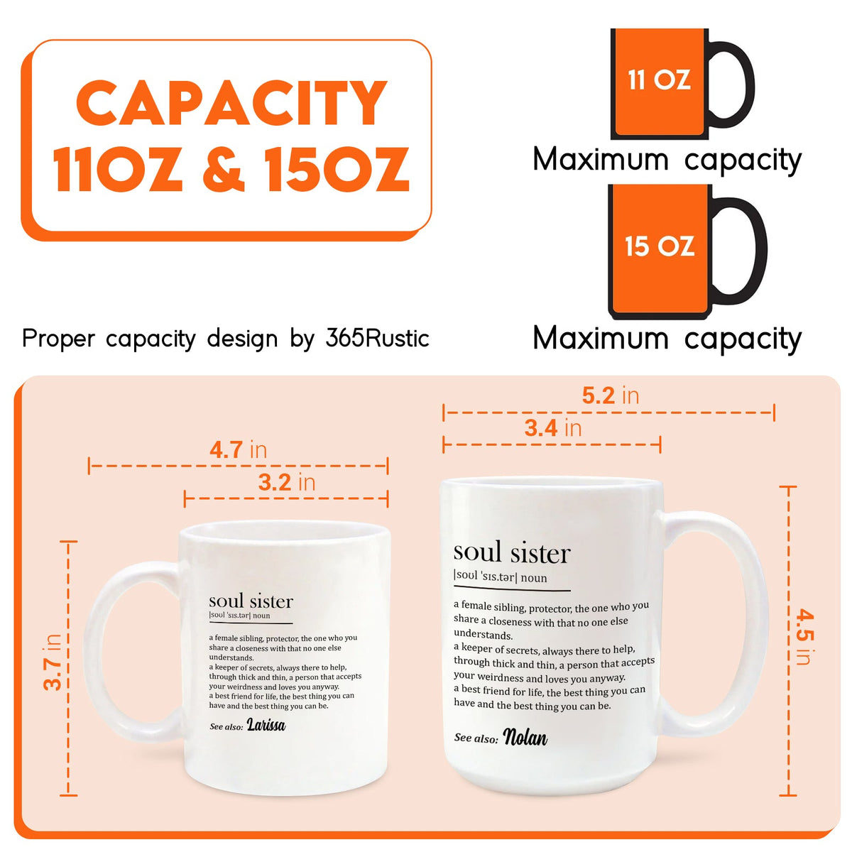 365Gifty personalized soul sister mug product image showing 11 oz and 15 oz white definition mugs with dimensions