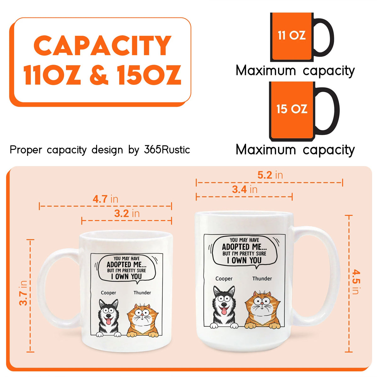365Gifty pet lover personalized mug showing 11oz and 15oz white ceramic mugs with cartoon dog and cat and ownership quote