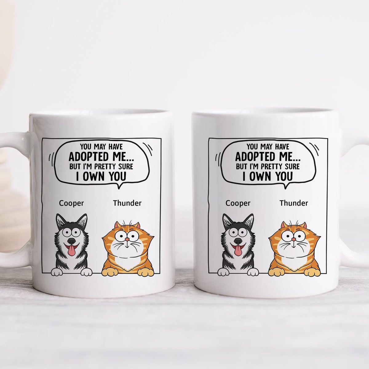 365Gifty pet lover personalized mug with cartoon husky and orange cat labeled Cooper and Thunder on white mug