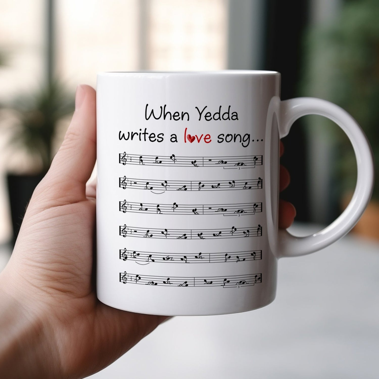 365Gifty romantic custom coffee mug white ceramic printed with handwritten love lyrics and musical notes held in hand