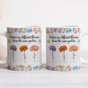 365Gifty white ceramic sisters are different flowers mug set with three floral illustrations and quote