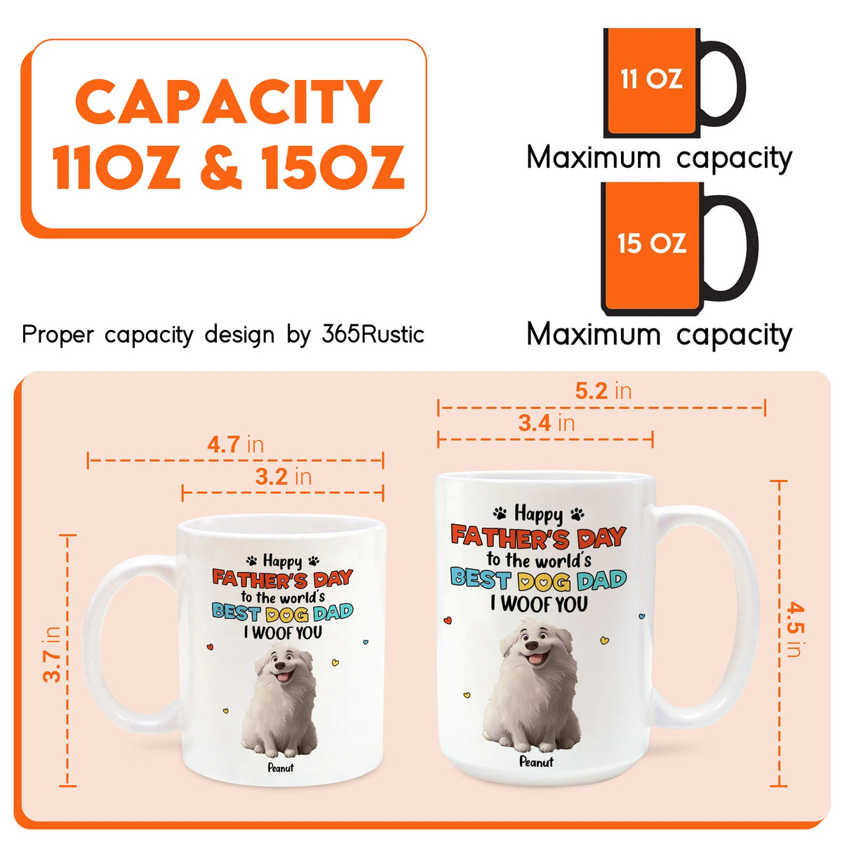 365Gifty Fathers Day dog mug set showing 11oz and 15oz sizes with smiling dog print unique dog dad gift idea