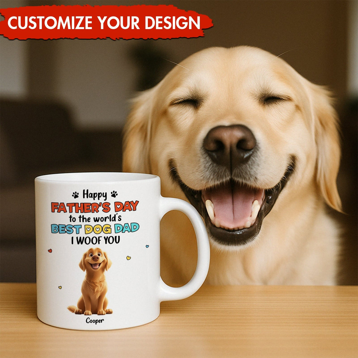 365Gifty personalized Fathers Day mug with happy golden retriever photo and cartoon Cooper name unique dog dad gift idea