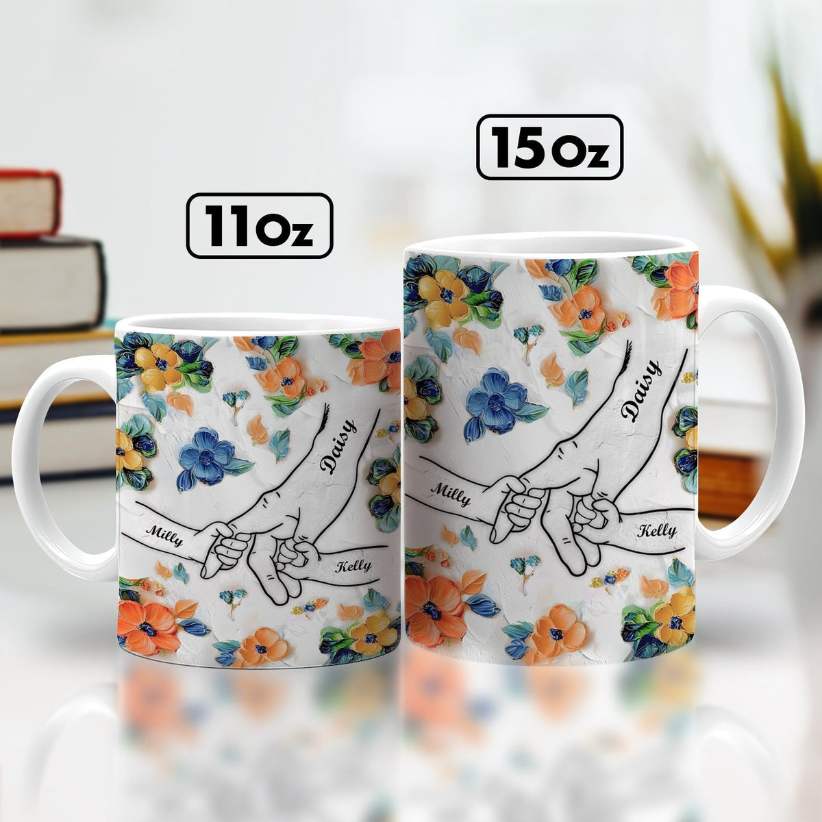 365Gifty unique family gift mug floral design with linked hands and personalized names available in 11oz and 15oz