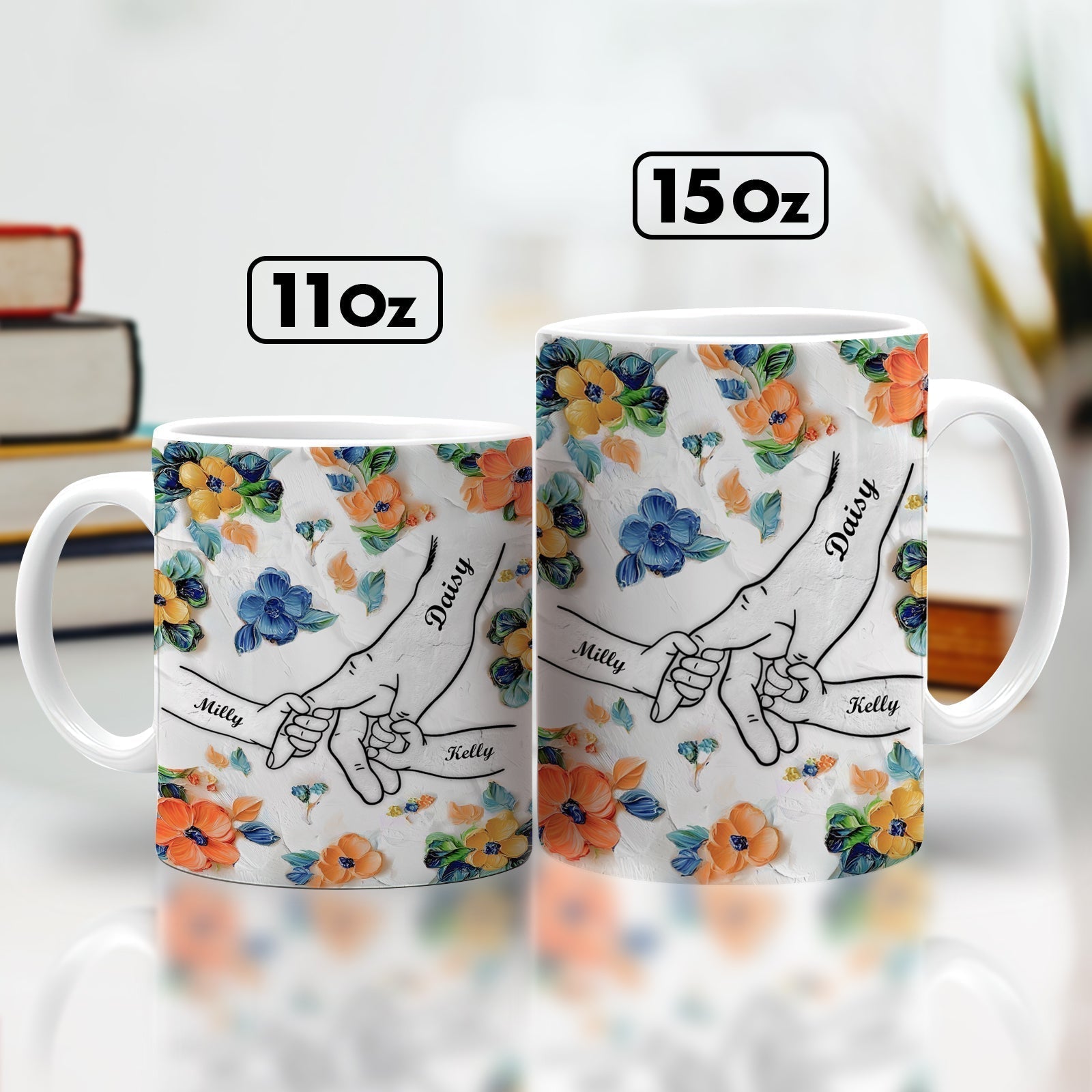 365Gifty unique family gift mug floral design with linked hands and personalized names available in 11oz and 15oz