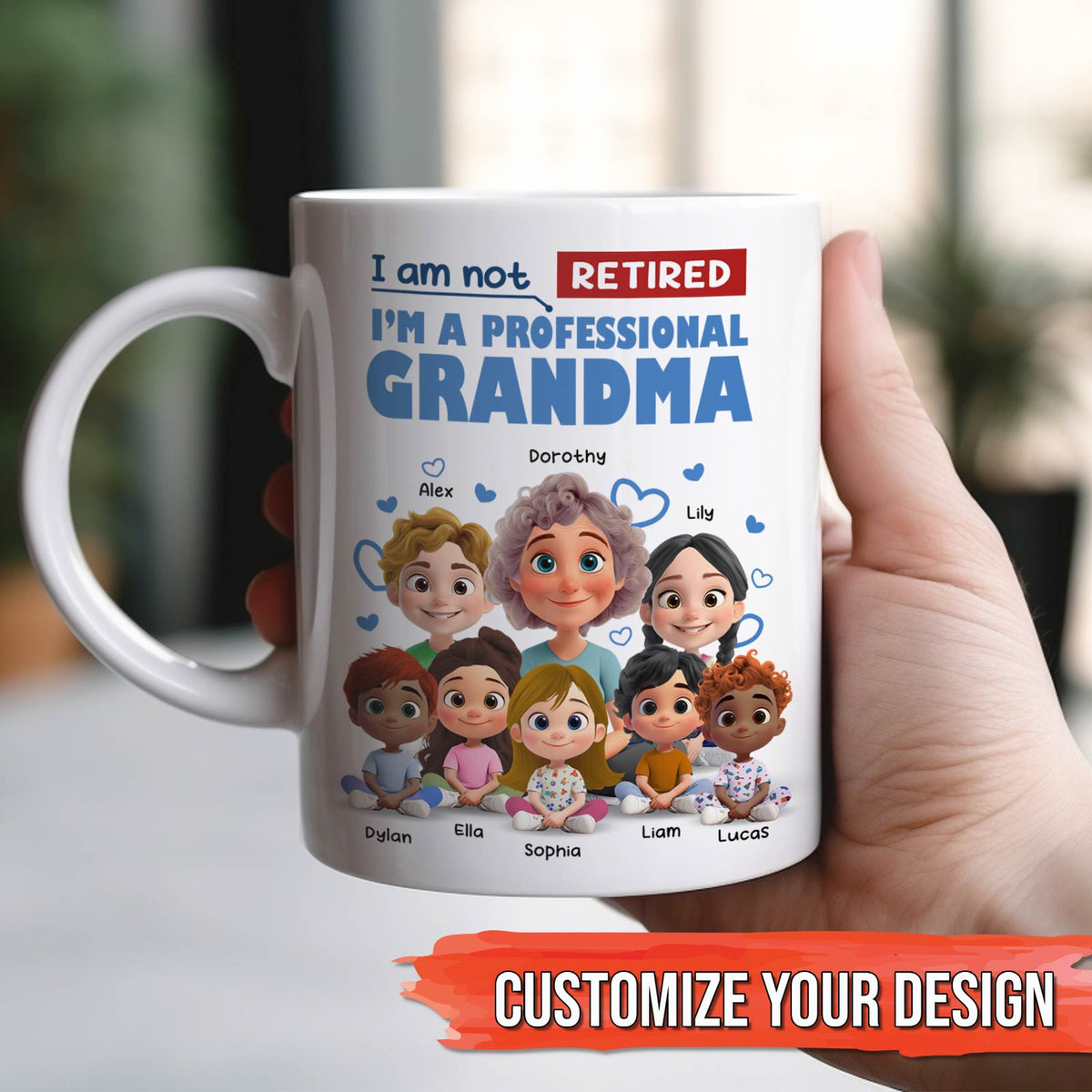 Personalized grandma mug with cartoon matriarch and grandchildren names unique retirement gift for grandmother