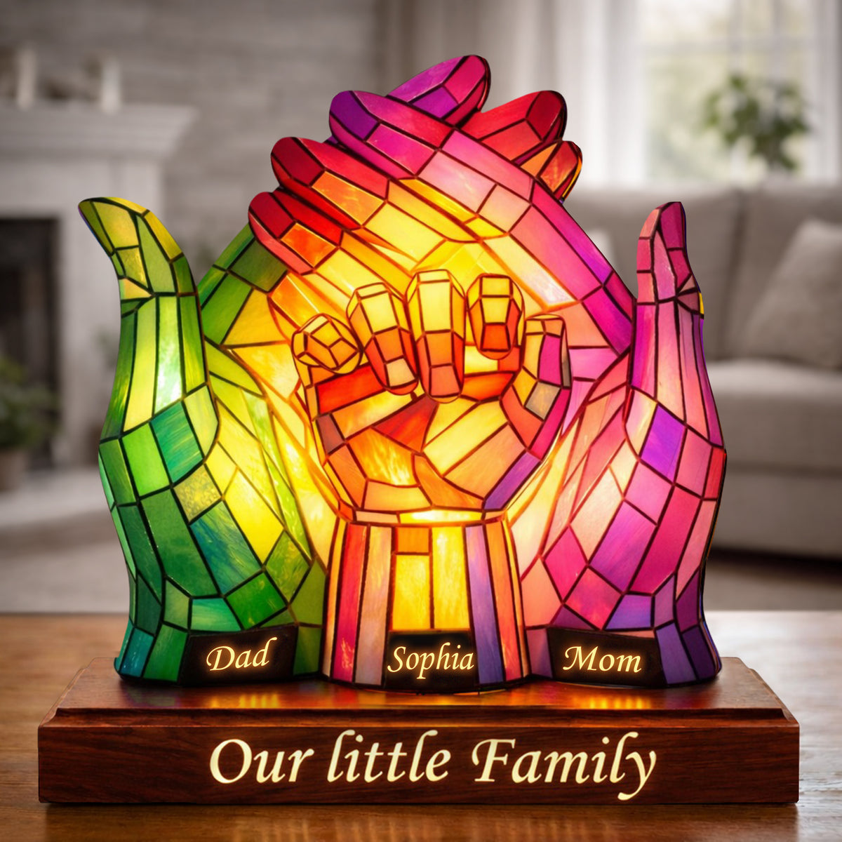 Our Little Family Acrylic Plaque – Personalized Rainbow Handshape Gift for Mom & Dad