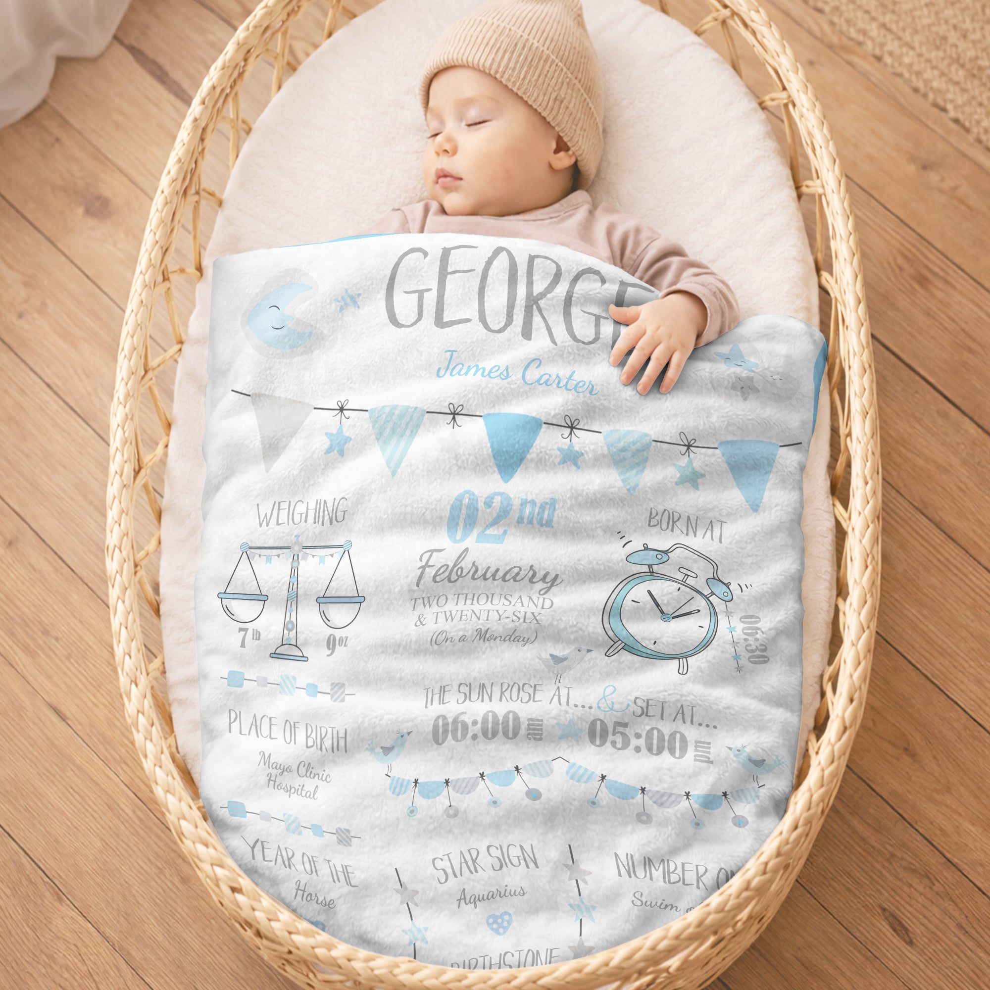 Personalized Birth Stats Fleece Blanket – Custom Baby Name & Newborn Details Gift