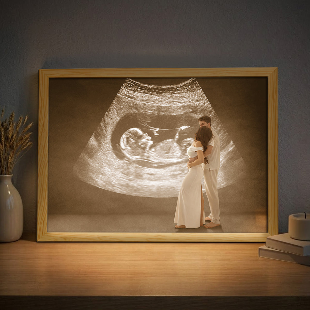 Personalized Wooden Light Up Photo Frame – Hidden Ultrasound Reveal Gift, LED Frame