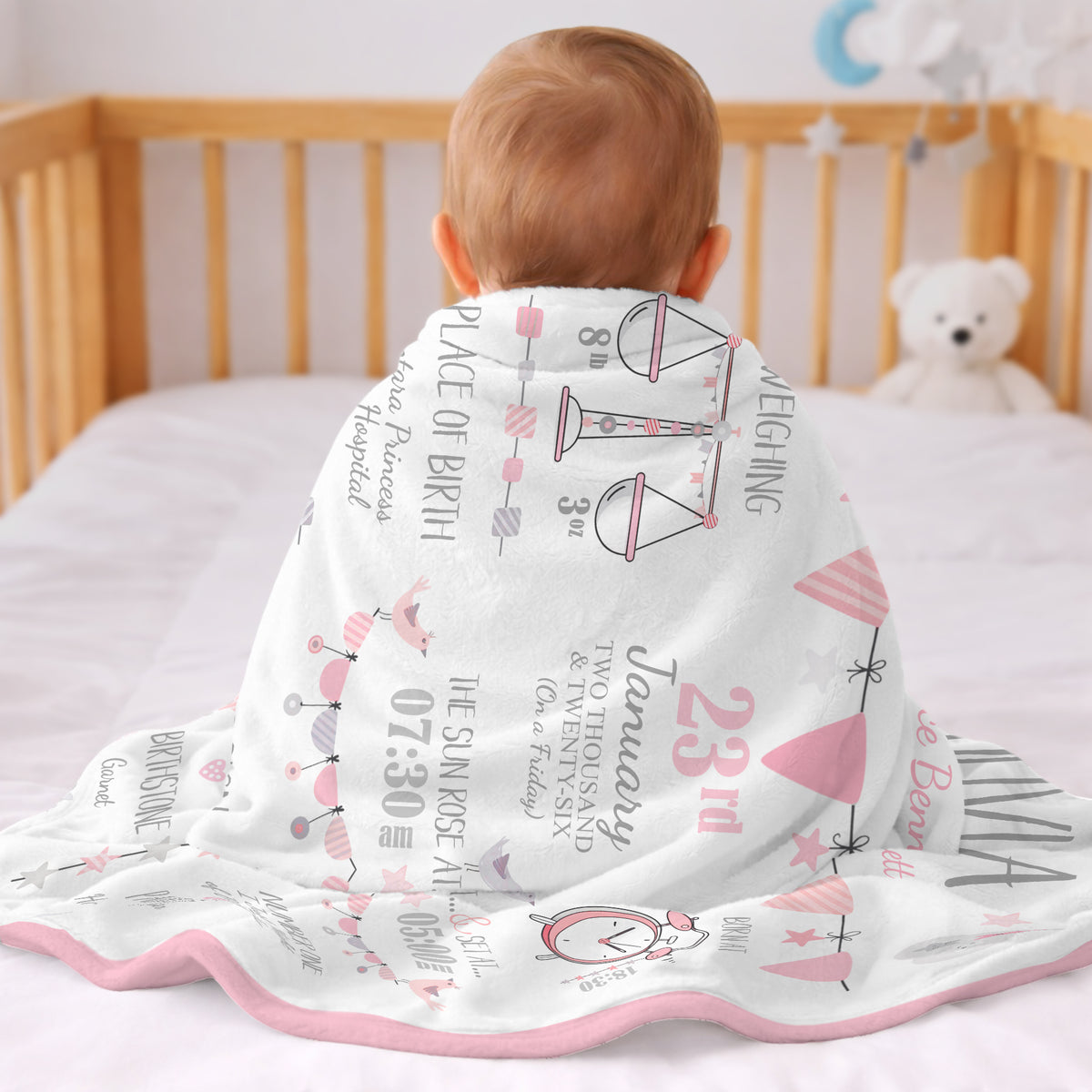 Personalized Birth Stats Fleece Blanket – Custom Baby Name & Newborn Details Gift