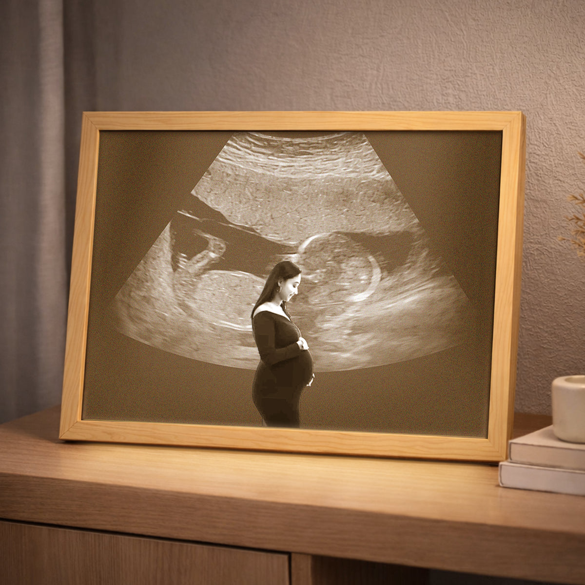 Personalized Wooden Light Up Photo Frame – Hidden Ultrasound Reveal Gift, LED Frame