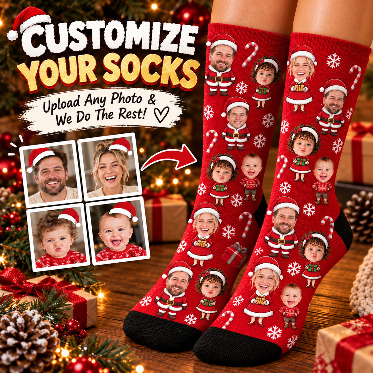 Personalized Family Christmas Stocking – Custom Family Photo & Character Christmas Stocking, Personalized Holiday Gift